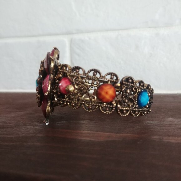 Women's colourful large flower intricate cuff bracelet brass multicolour stones - Picture 6 of 11